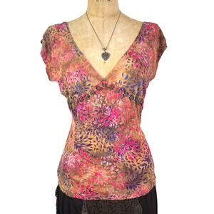 Vtg Boho Batik Floral V-Neck Beaded Empire Waist Top Sz S Hippie Indie Sleaze